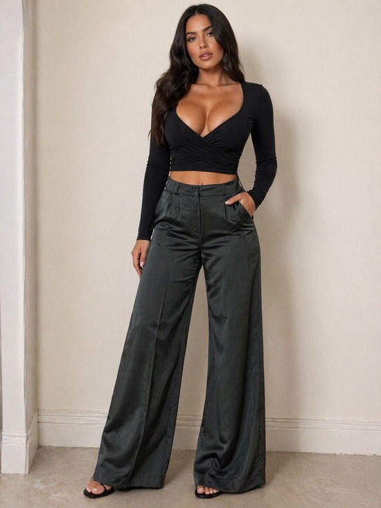 AKIRA Pants - AKIRA Dark Green Wide Leg Pants Size Small – Satin High Waist Flowy Trousers NWT
